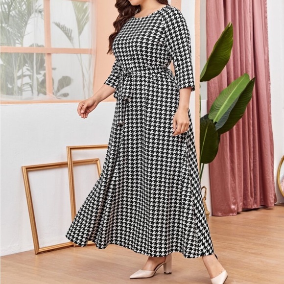 Classic Elegant Houndstooth Belted Long Sleeve Dress Black White - Picture 5 of 5